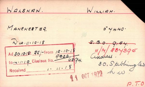 Pension Card Showing Walshaws Service In The Manchester Regiment