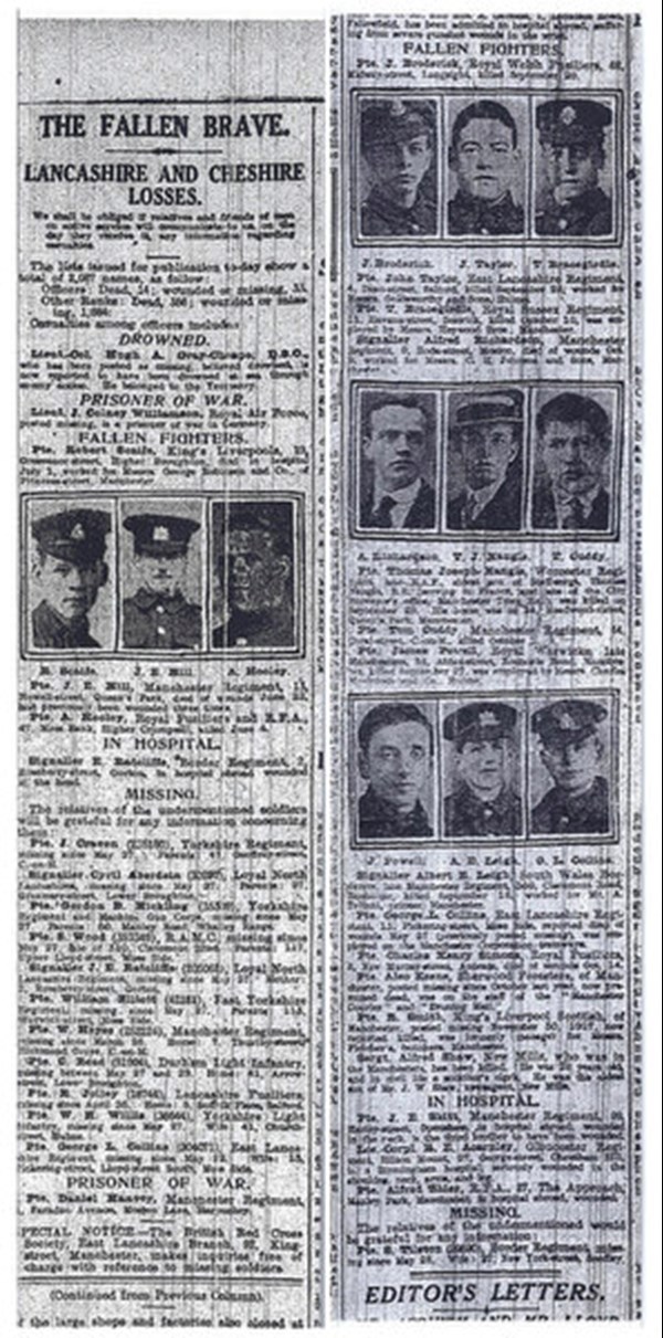 'The Fallen Brave', 4Th July 1918 Manchester Evening News And 'Fallen Fighters', 29Th October 1918. Manchester Evening News. Taken From Microfilms At Manchester Central Library.