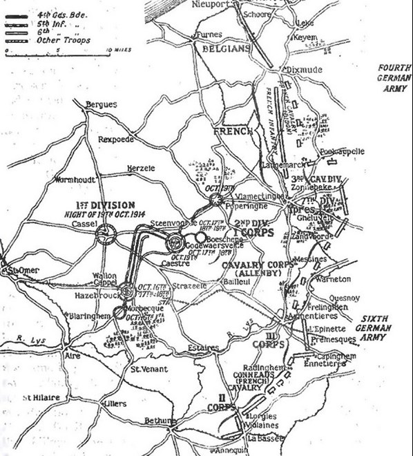 Map Showing The Dispositions Of The British II And III Corps Against The German 6Th Army From La Bassée To Armentières, 19 October – 2 November 1914