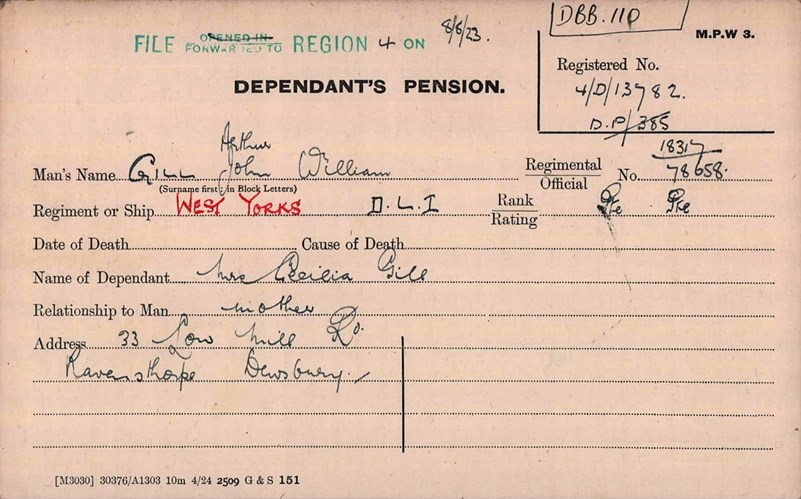 Private Arthur Gill. Pension Record Card