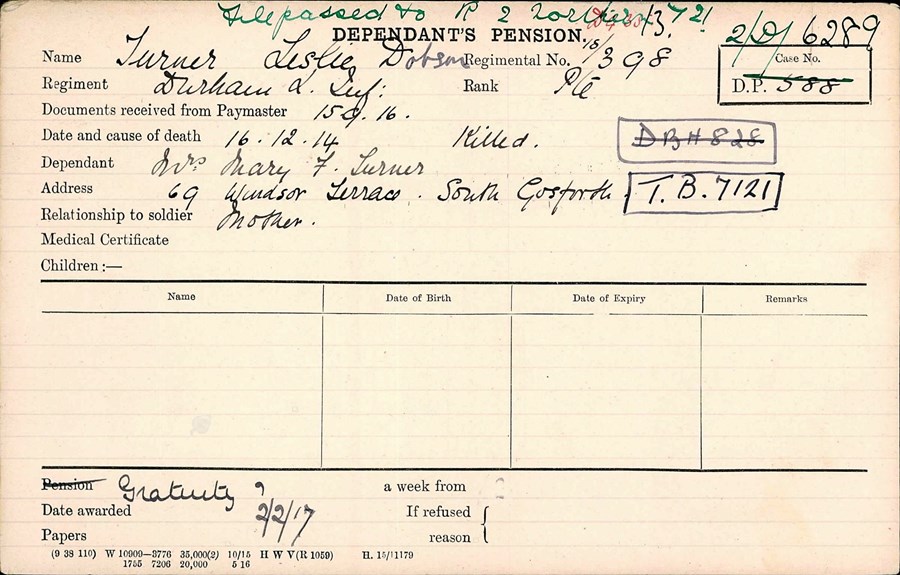Leslie Turner’S Pension Record Card