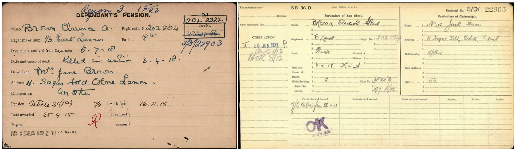 Clarence Atkins Brown Pension Cards