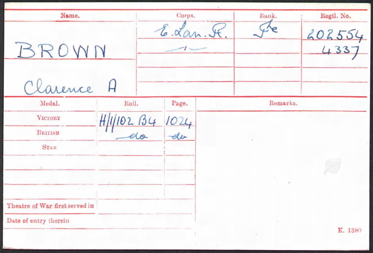 Clarence Atkins Brown Medal Index Card