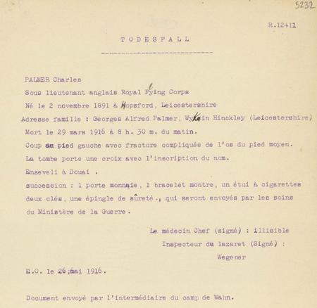 The Document That Detailed The Death Of Lt Charles Walter Palmer.