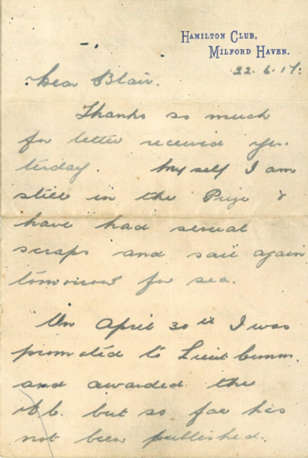 Part Of Letter Written June 22, 1917