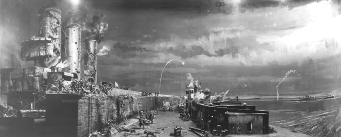 Artist’S Impression Of The Mole With No 3 Shed On The Right And The Shell Holed Funnels Of HMS Vindictive