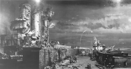 Artist’S Impression Of The Mole With No 3 Shed On The Right And The Shell Holed Funnels Of HMS Vindictive