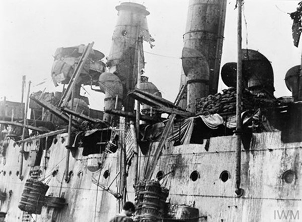 Close Up Of The Shell Damaged HMS Vindictive Port Side Showing The Broken And Battered ‘Brows’.