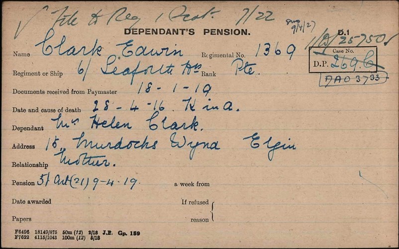 Pension Record Card For Edwin Clark