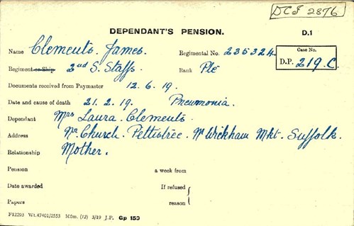 James Clements Pension Record Card