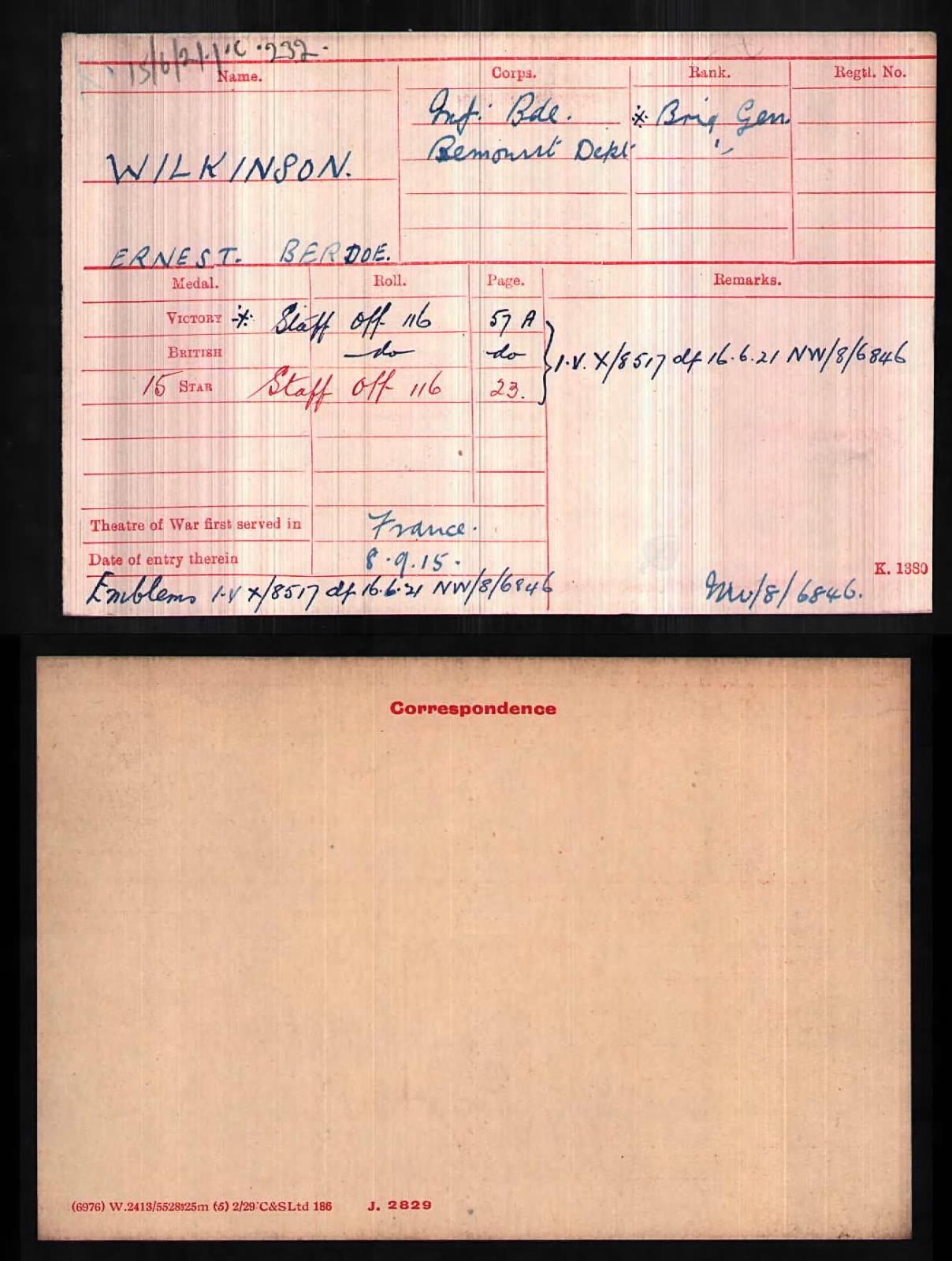 Ernest Berdoe Wilkinson. Medal Index Card