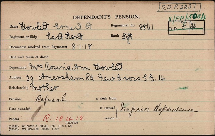 Ernest Howlett Pension Record Card