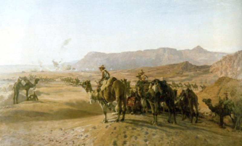 Painting Depicting Mounted Troops Of The Imperial Camel Corps Brigade With The Egyptian Town Of Magdhaba In The Distance, 23 December 1916 By Harold Septimus Power (1925). From The Collection Database Of The Australia