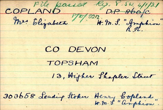 Pension Record Card Of William Copland, Naming His Brother, Henry Wh