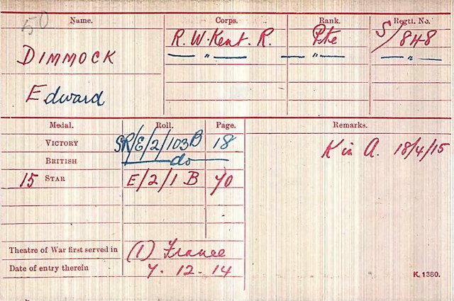 Edward Dimmock Medal Card