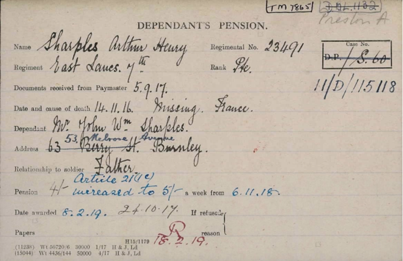 Arthur Sharples Pension Record Card
