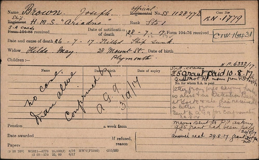 Pension Card For Stoker Joseph Brown