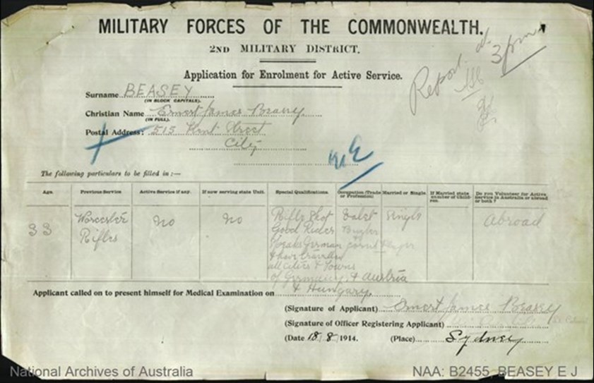 Application Of Enrolment For Active Service Ernest