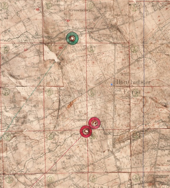 St. Joseph’S Church In Jonkershove Is In The Green Circle And The Assumed Site Of The Guns In Red.
