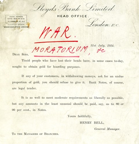 Letter To Branch Managers, Lloyds Bank, 31 July 1914. (Courtesy Of Lloyds Banking Group)
