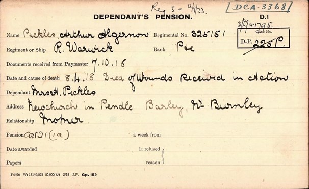 Arthur Algernon Pickles Pension Card