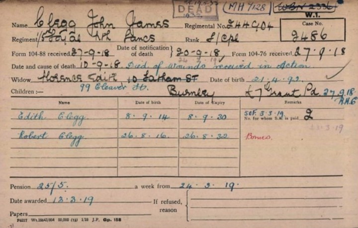 Pension Card John James Clegg