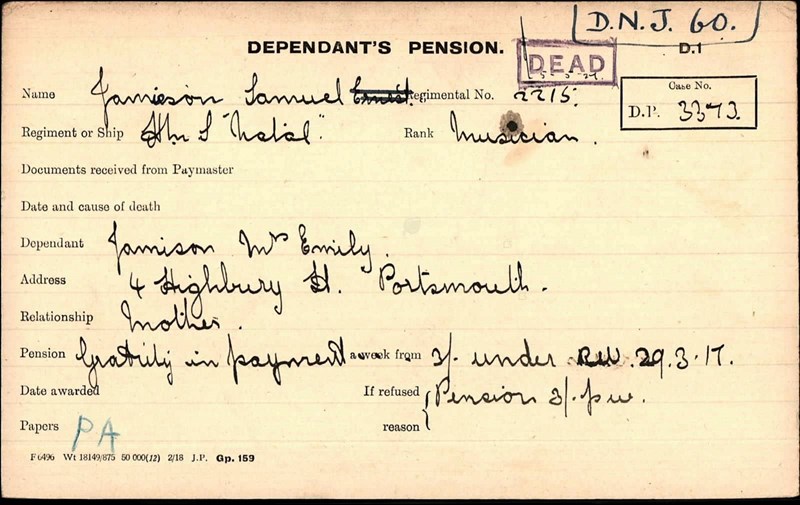 Ernest Jamieson Pension Record Card