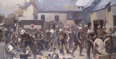 A Crowded Scene In The Courtyard Of A Bomb Damaged Farmhouse That Has Been Converted Into An Advanced Dressing Station.