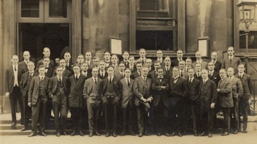 Group Of Men From London County & Westminster Bank Involved In War Loan Work At The Bank Of England, 1915
