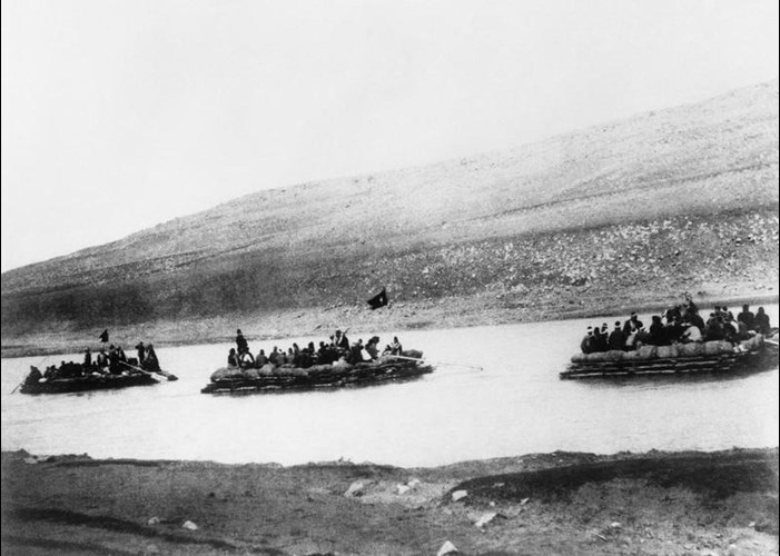 Turkish Troops Proceeding Down The River Tigris On Rafts From Diabekir To Join The Besieging Army At Kut El Amara. Image Courtesy Of The Imperial War Museum HU 52443.