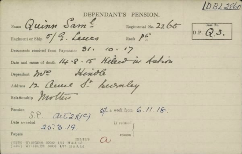 Samuel Quinn Pension Card
