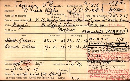 Arthur Jeffries Pension Record Card (Front)