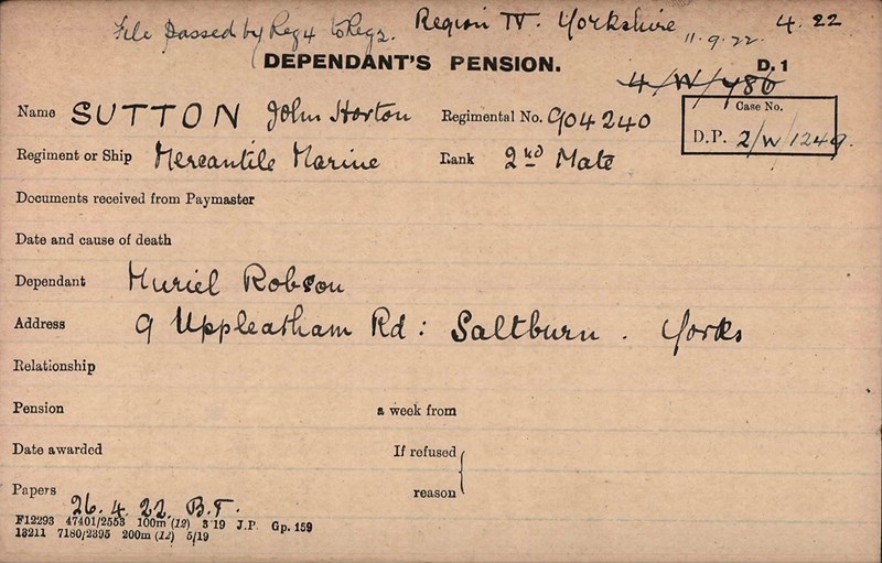 Ministry Of Pensions 'Card' For John Sutton