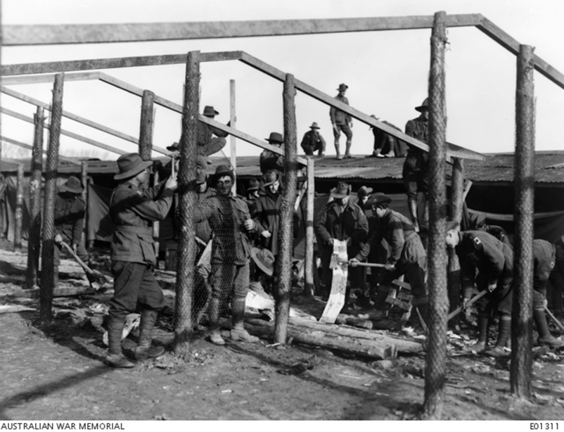 Members Of D Company, 5Th Australian Pioneer Battalion Erecting Sheds In Donegal Camp Near Dranoutre On 23 November 1917