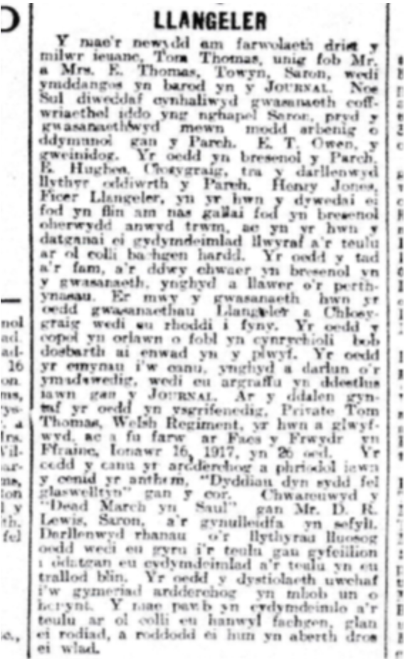 Welsh Report Of A Memorial Service For Tom – From The Carmarthen Journal Of 16Feb 1917
