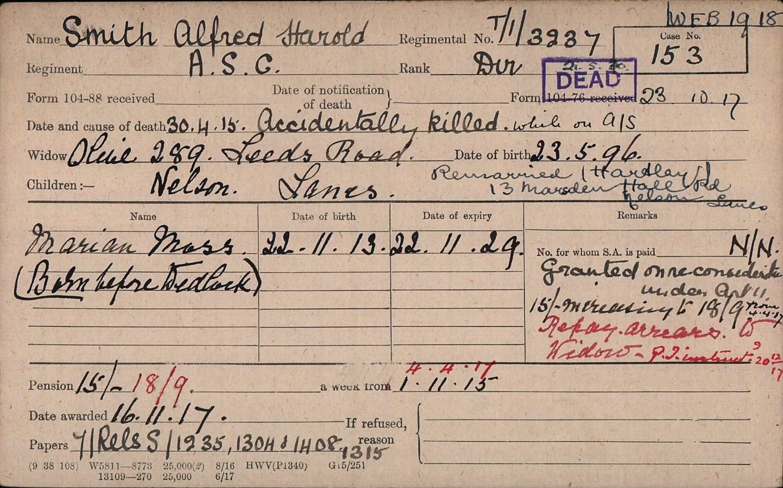 Pension Index Card For Alfred Harold Smith