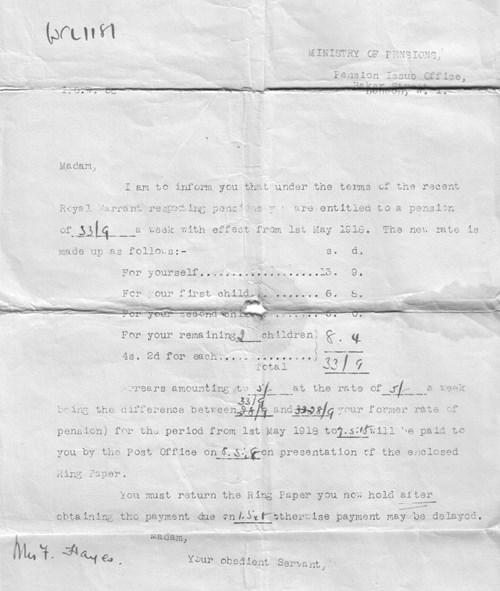 Increase In Pension, Ministry Of Pensions 1St May 1918