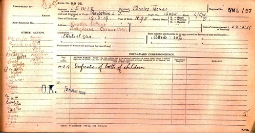 Charles Thomas Lewis Pension Record Card