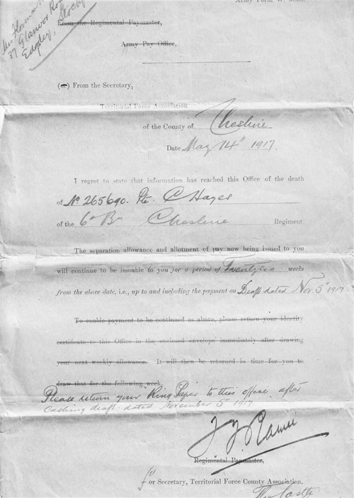 Form W 3022 (Allowance Withdrawal Form) From Cheshire Territorial Force County Association 14Th May 1917