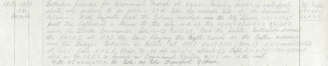 Captain CHV Crichton Browne Died In No 1 CCS And Buried In Communal Cemetery Mons On 14Th Inst