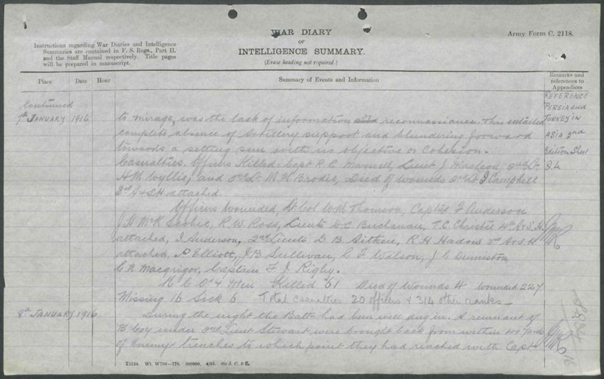 1 Seaforth's War Diary Entry 7 January 1916