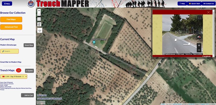 Using Trenchmapper Also Enables You To See The Landscape As It Is Today, Here We Are Above Redoubt Cemetery, With The 'Pop Up' Giving The Option To Go Into Street View At This Spot.
