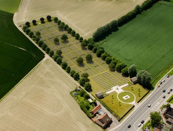 Hooge Crater Cemetery, the fourth largest CWGC cemetery in Belgium, after Tyne Cot, Lijssenthoek and Poelcappelle. Designed by Sir Edwin Lutyens, the large stone-faced circle at the entrance to the cemetery mirrors the crater,out of shot on the other side