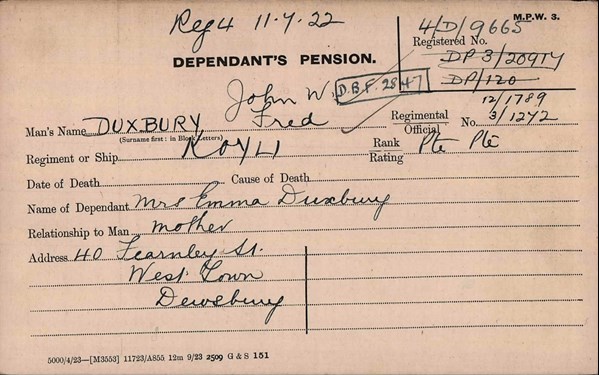 Pension Record Card For John And Fred Duxbury