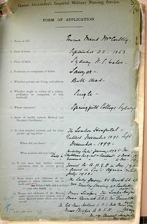 The QAIMNS Application Form Of Dame Maud Mccarthy