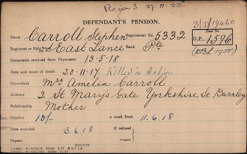 Stephen Caroll Pension Card