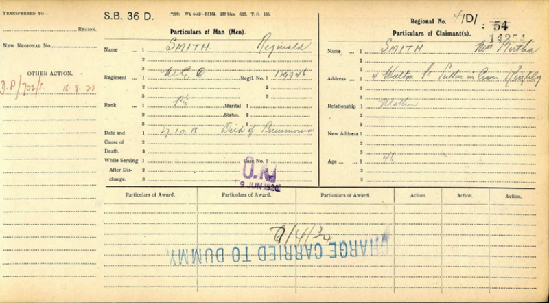 Pension Card Reginald Smith