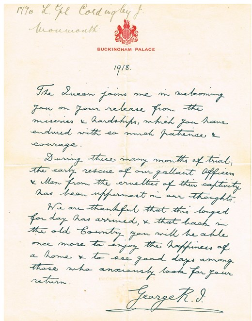 A Hand Written Letter Of Recognition From King George V 1918 Sent To Lance Corporal James Cordingley